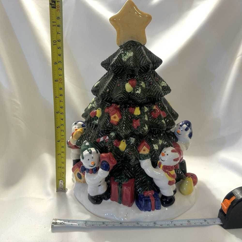 Vintage 13.5” Christmas tree Ceramic cookie jar w/snowmen presents birdhouses - Picture 13 of 16